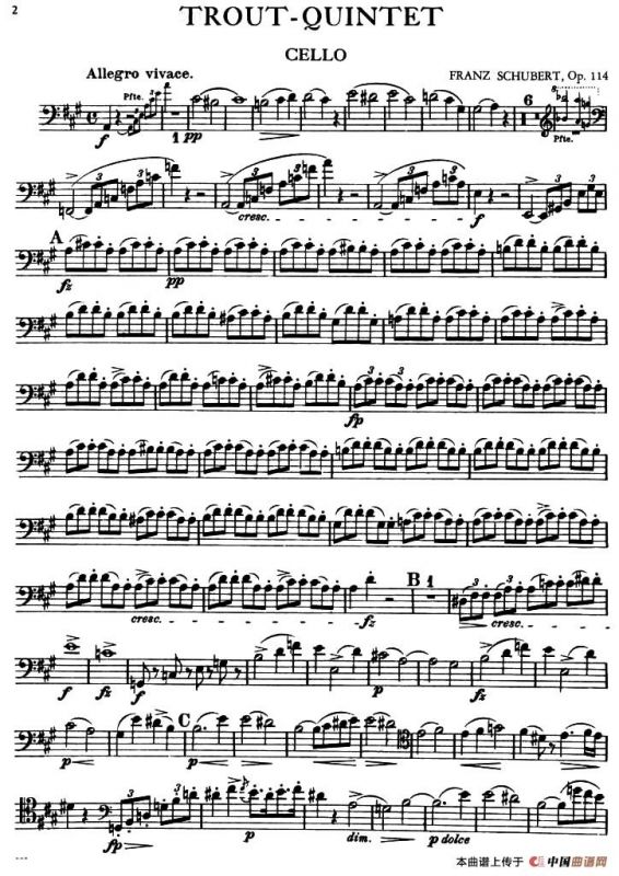 TROUT QUINTET（鳟鱼五重奏）（第一大提琴分谱）