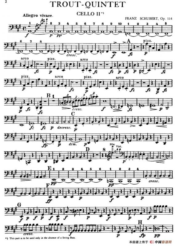 TROUT QUINTET（鳟鱼五重奏）（第二大提琴分谱）