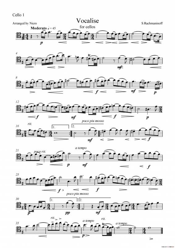 vocalise（练声曲）（五重奏第一大提琴分谱）