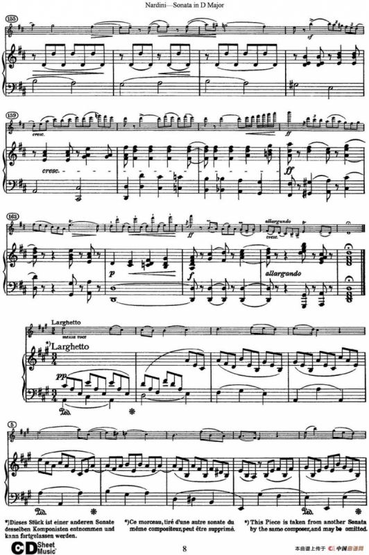 Nardini Violin Sonata in D Major（小提琴+钢琴伴奏）