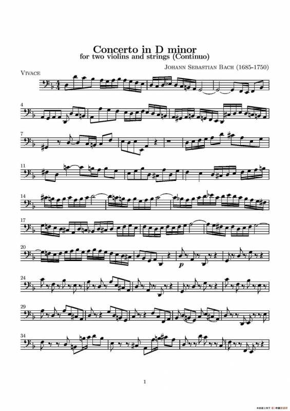 D小调无伴奏协奏曲（大提琴分谱）