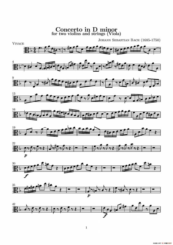 D小调无伴奏协奏曲（中提琴分谱）