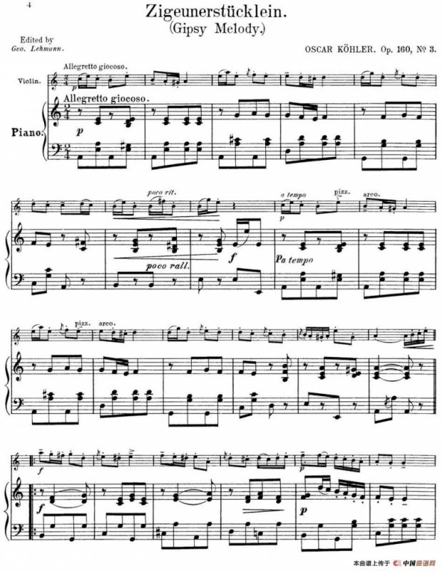 25首小提琴曲合集：Zigeunerstucklein.（Gipsy Melody.）（OSCAR KOHLER. Op.160No.3）（小提琴+钢琴伴奏）