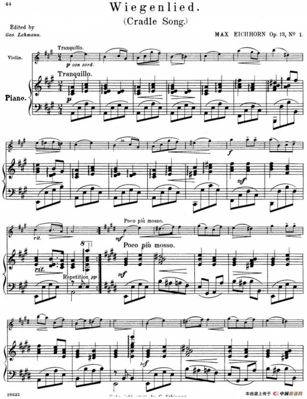 25首小提琴曲合集：Wiegenlied.（Cradle Song.）（MAX EICHHORN Op.13，No.1）（小提琴+钢琴伴奏）