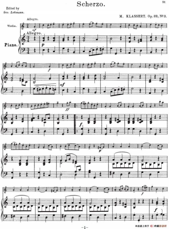 25首小提琴曲合集：Scherzo.（M. KLASSERT. Op.32，No.3）（小提琴+钢琴伴奏）