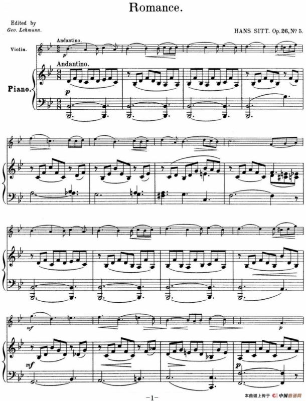 25首小提琴曲合集：Romance（HANS SITT. Op.26，No.5）.（小提琴+钢琴伴奏）