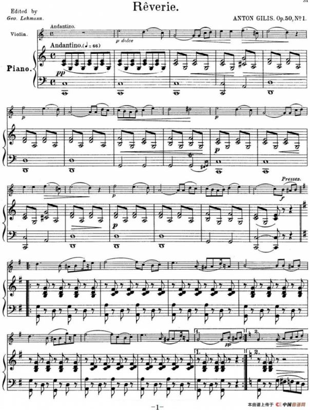25首小提琴曲合集：Reverie.（ANTON GILIS. Op.50，No.1）（小提琴+钢琴伴奏）