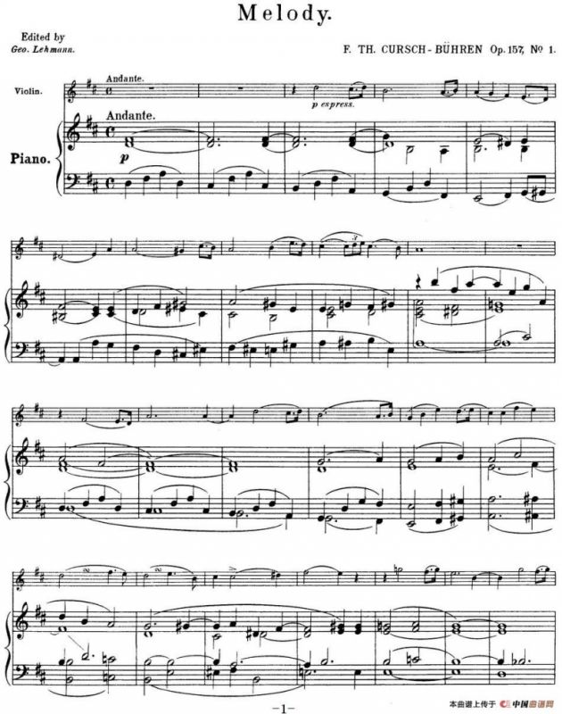 25首小提琴曲合集：Melody.（F. TH. CURSCH-BUHREN Op.157，No.1）（小提琴+钢琴伴奏）