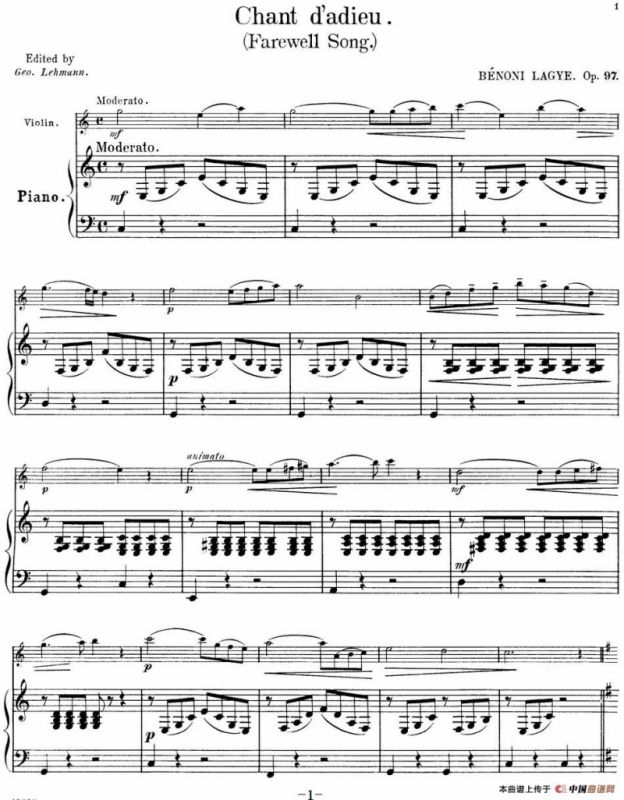 25首小提琴曲合集：Chant dadieu.（Farewell Song.）（BENONI LAGYE.Op.97）（小提琴+钢琴伴奏）