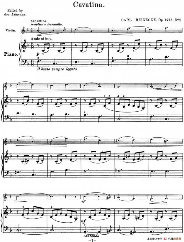 25首小提琴曲合集：Cavatina.（CARL REINECKE. Op.174a，No.9）（小提琴+钢琴伴奏）