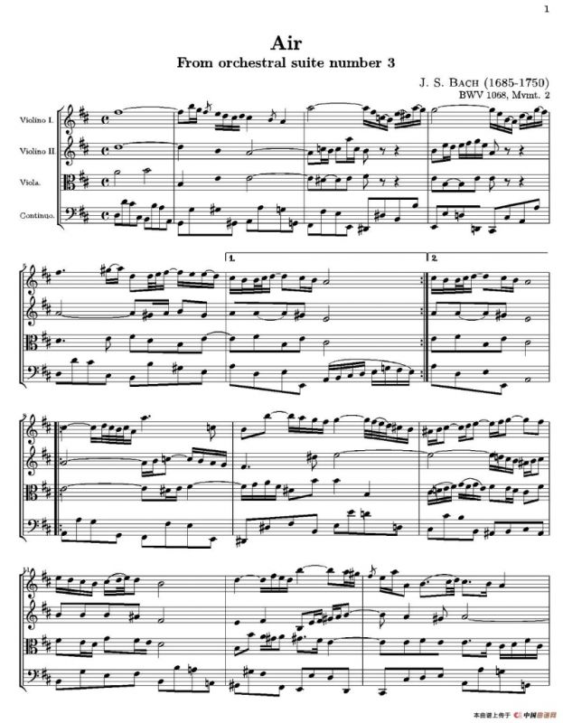 Air（From orchestral suite number 3 BWV1068）（弦乐四重奏）