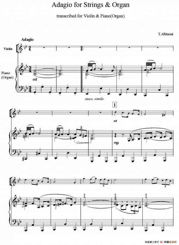 Adagio for Strings & Organ（柔板）（小提琴+钢琴伴奏）