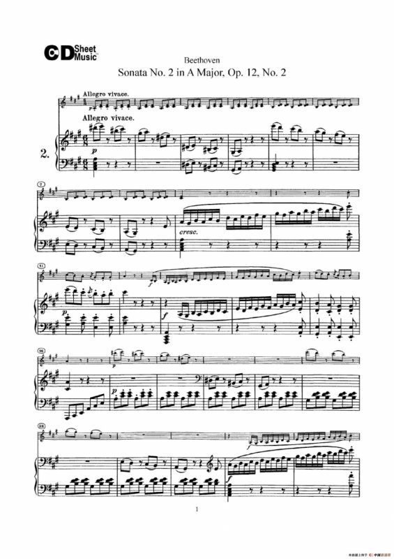 A大调第二小提琴奏鸣曲（Sonata No.2 in A Major Op.12,No.2）（小提琴+钢琴伴奏）