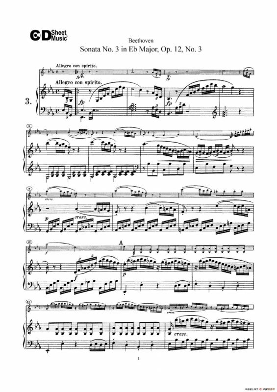 降E大调第三小提琴奏鸣曲（Sonata No.3 in Eb Major Op.12,No.3）（小提琴+钢琴伴奏）