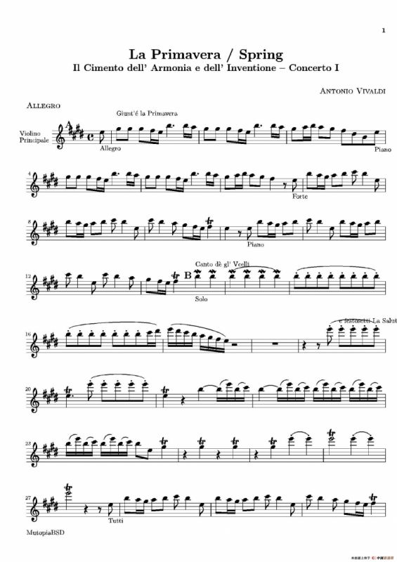 La Primavera·Spring（四季·春）（小提琴分谱）