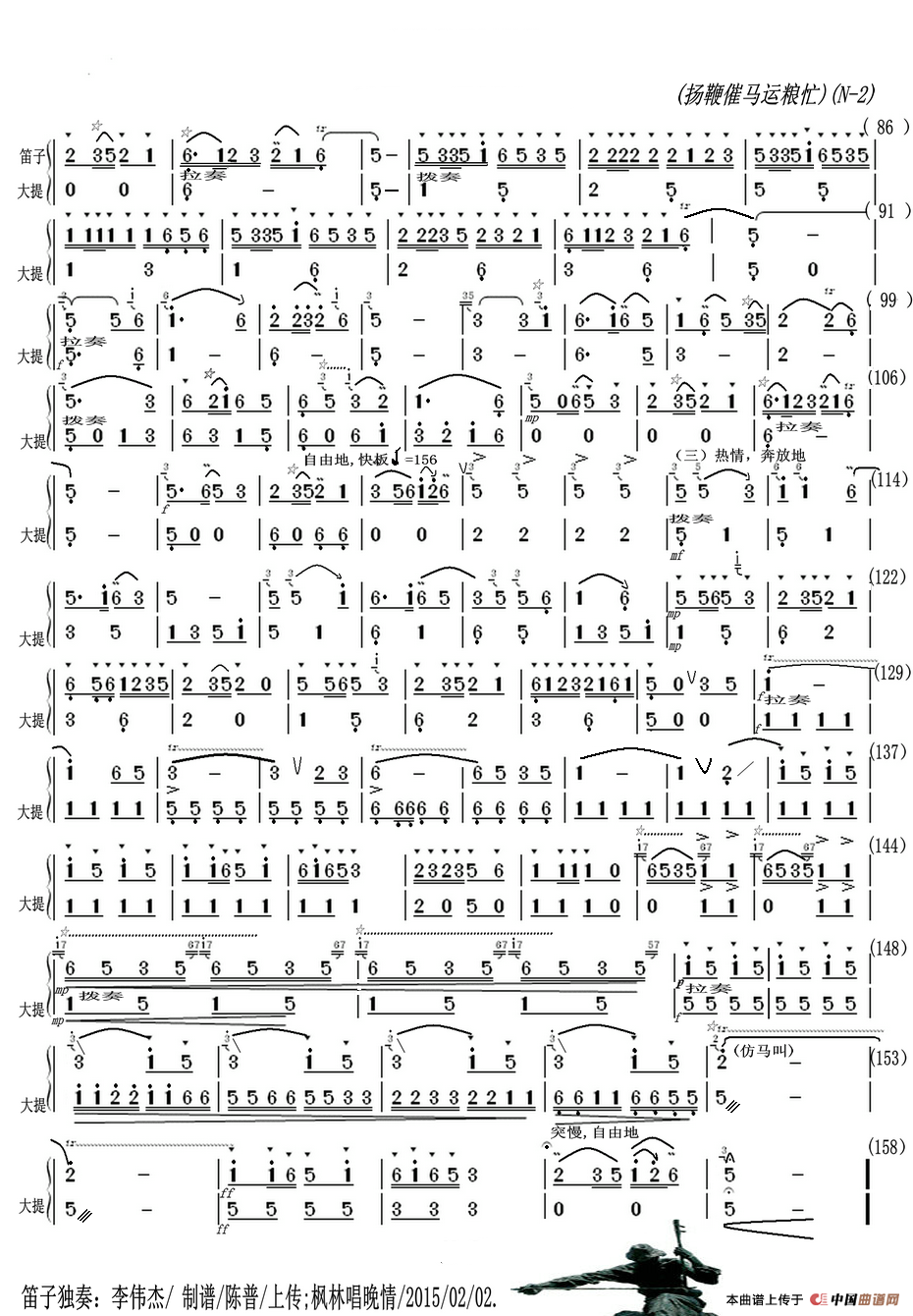 扬鞭催马运粮忙（大提琴与笛子主旋合成谱）