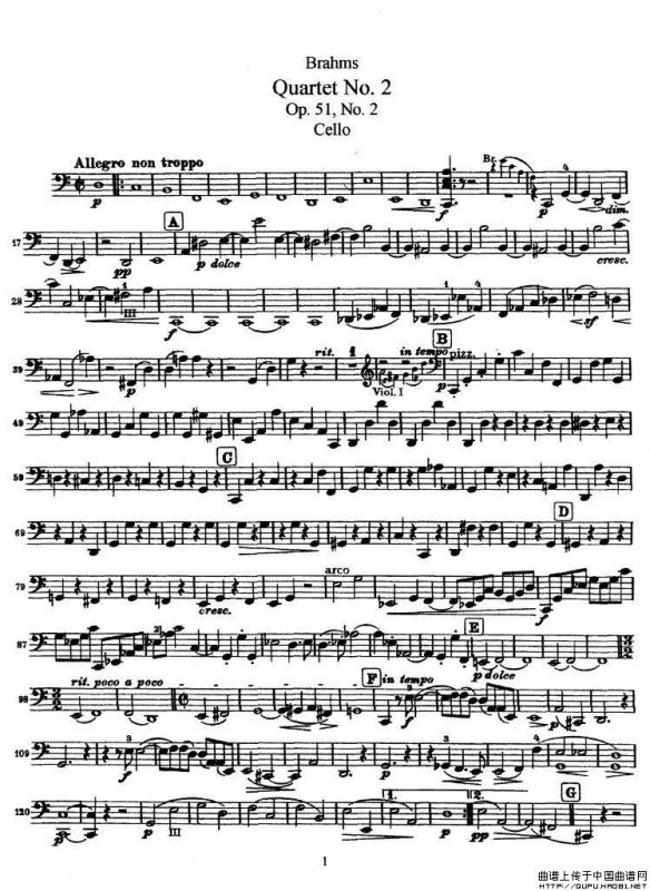 勃拉姆斯《Quartet No.2》Op.51（大提琴谱）