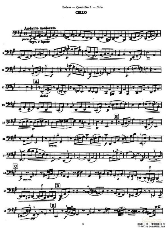 勃拉姆斯《Quartet No.2》Op.51（大提琴谱）