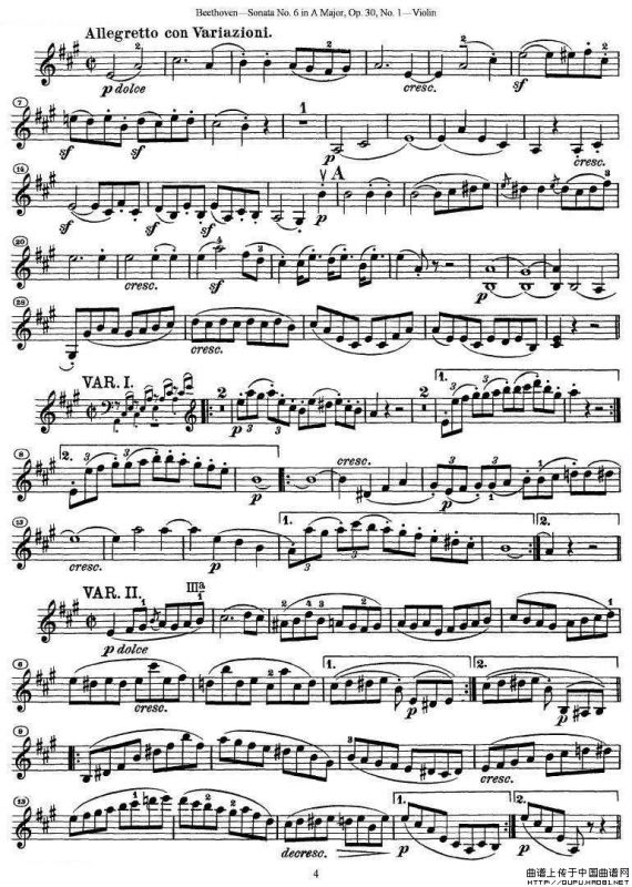 贝多芬第六号奏鸣曲A大调（小提琴谱）