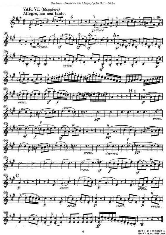 贝多芬第六号奏鸣曲A大调（小提琴谱）