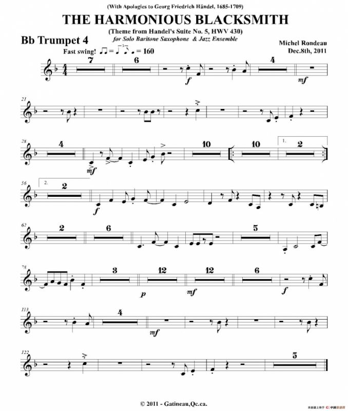 THE HARMONIOUS BLACKSMITH（第四降B小号分谱）