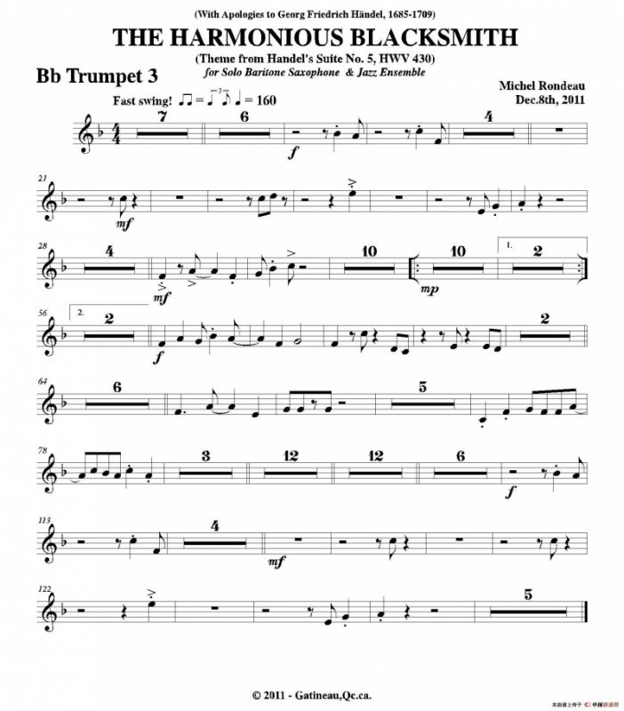 THE HARMONIOUS BLACKSMITH（第三降B小号分谱）