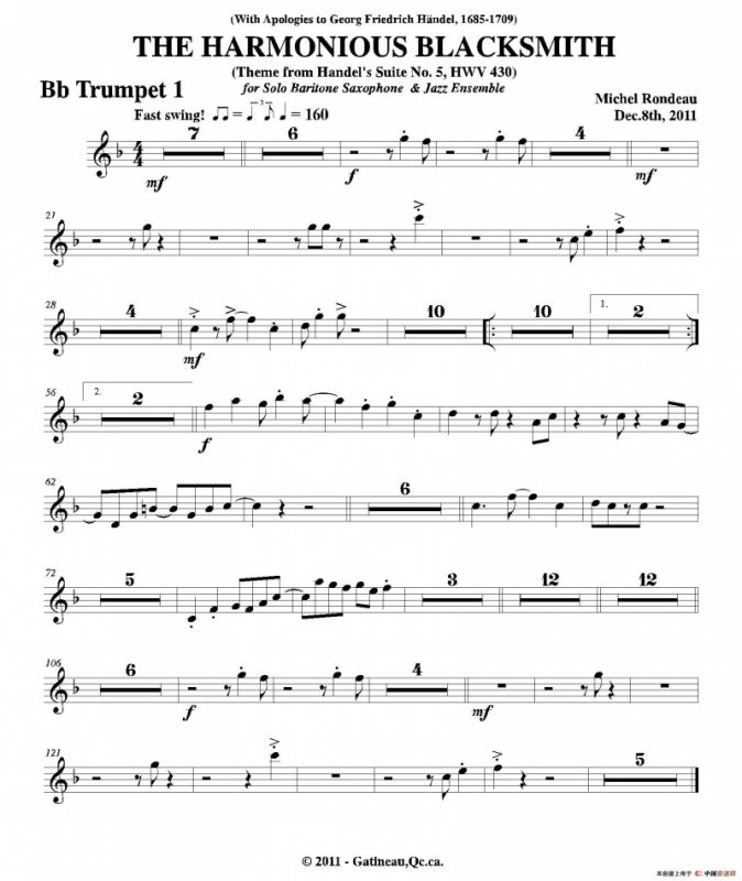 THE HARMONIOUS BLACKSMITH（第一降B小号分谱）