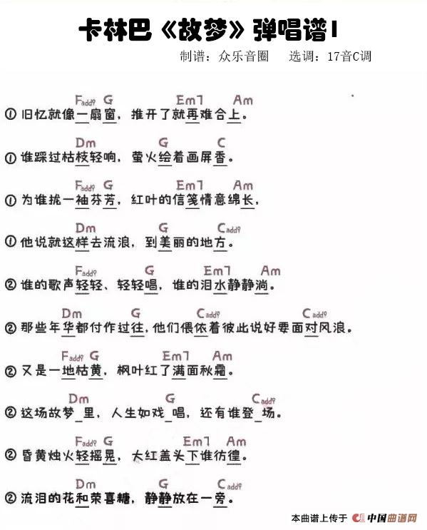 故梦和弦简谱（拇指琴卡林巴琴弹唱谱）