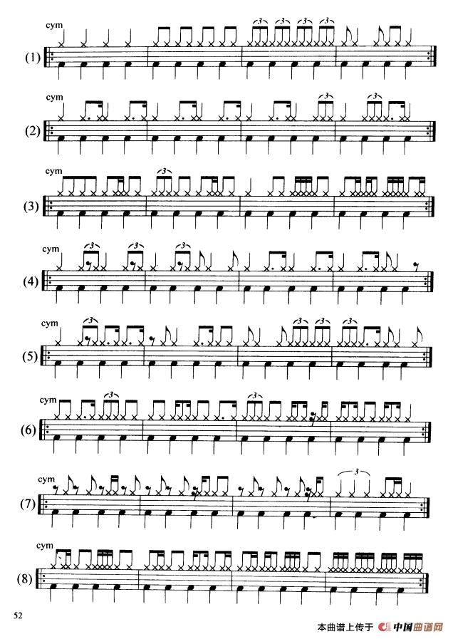 8条架子鼓大鼓与吊镲的组合练习曲谱