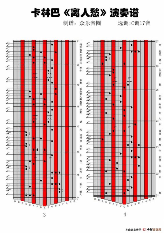 离人愁（17音卡林巴琴谱、弹唱演奏）