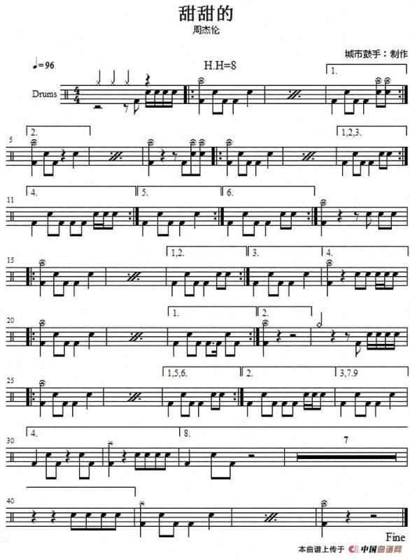 架子鼓谱：甜甜的