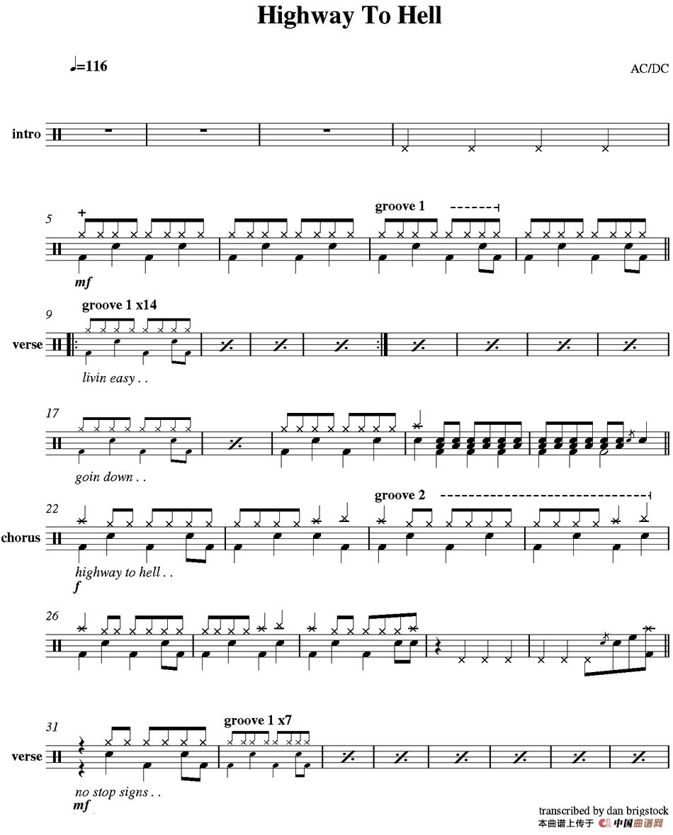 爵士鼓谱：AcDc - Highway to hell