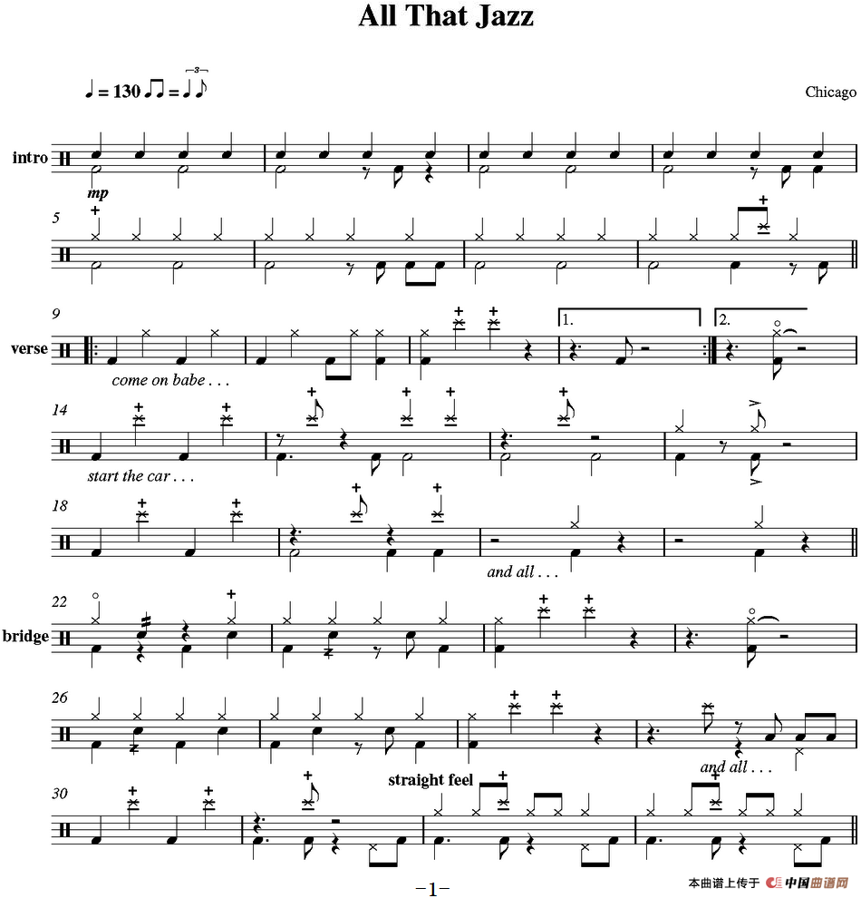 爵士鼓谱：Chicago - all that jazz