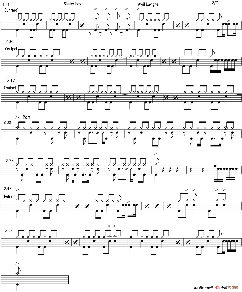 爵士鼓谱：Avril Lavigne - Skater boy