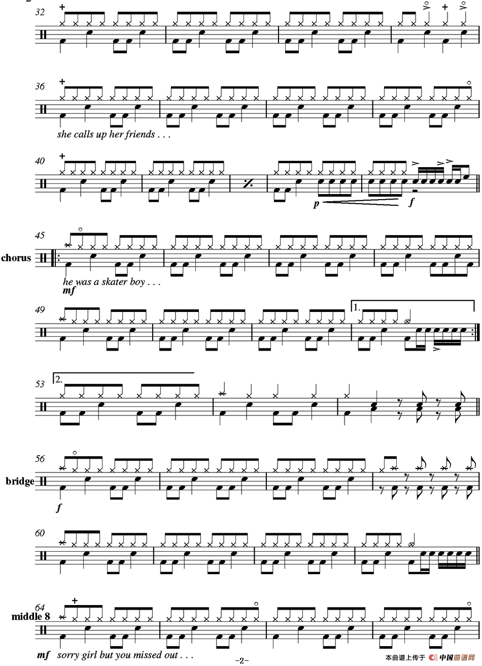 爵士鼓谱：Avril Lavigne - Skater boy