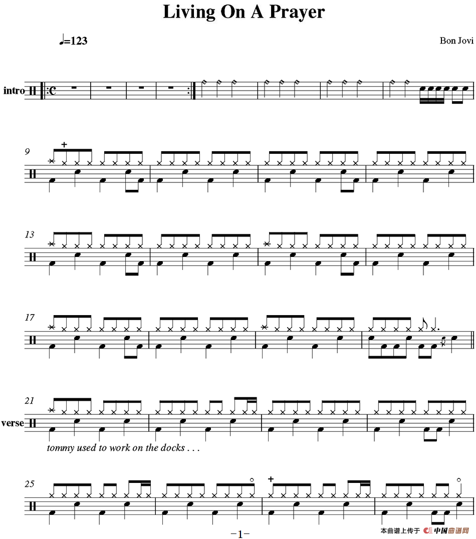 爵士鼓谱：Bon Jovi - Living on a prayer