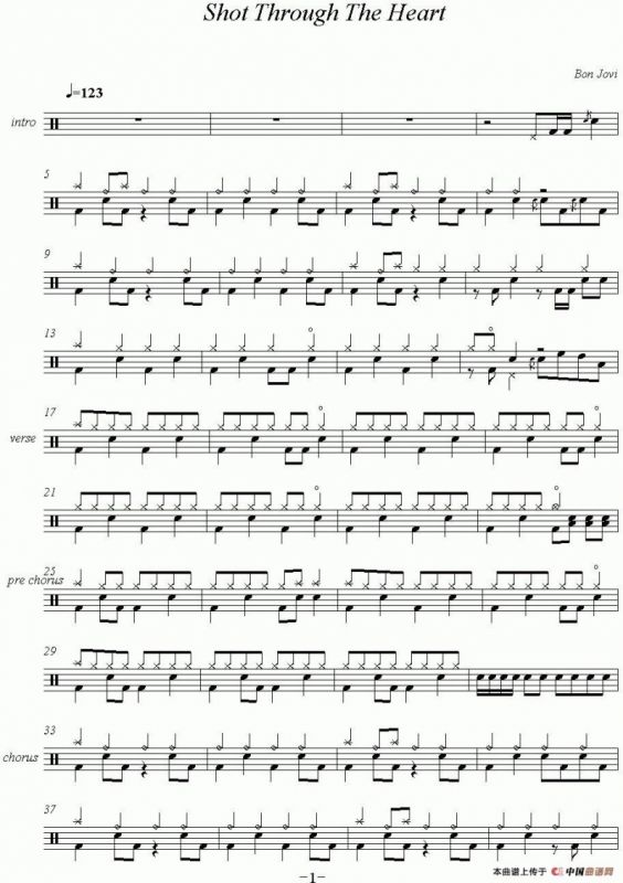 爵士鼓谱：Bon Jovi - Shot Through The Heart