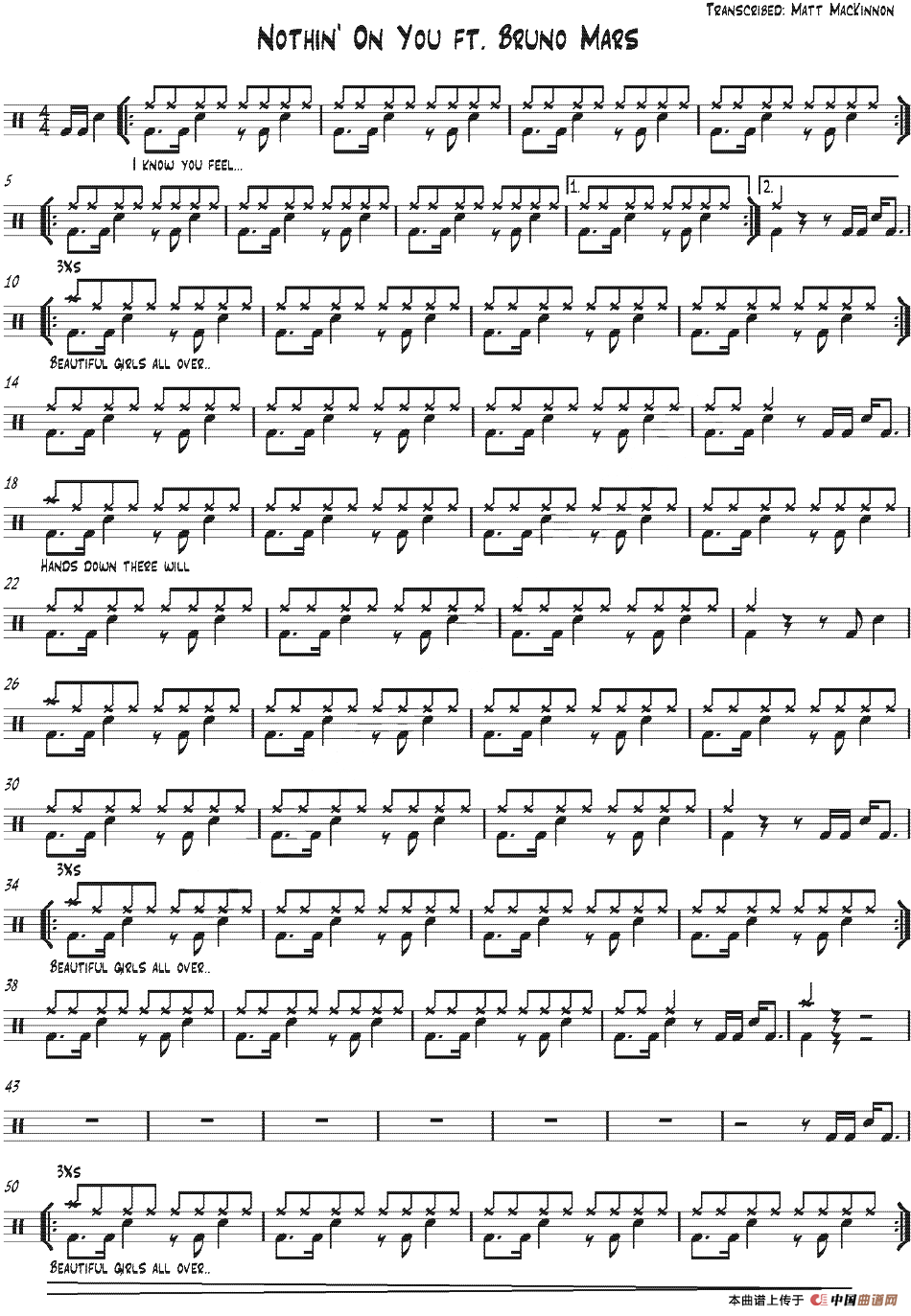爵士鼓谱：Bruno Mars - Nothing on you