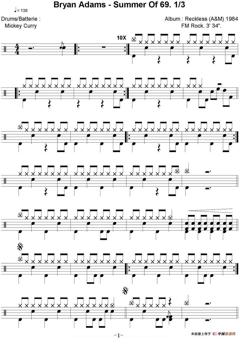 爵士鼓谱：Bryan Adams-Summer of 69