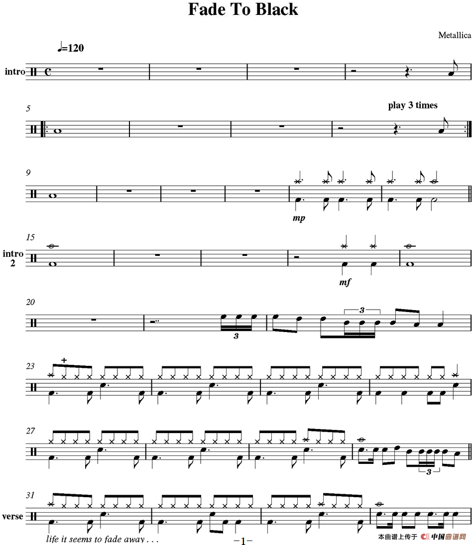 爵士鼓谱：Metallica-fade to black