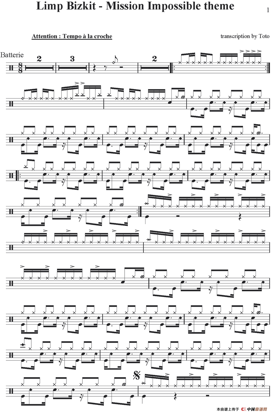 爵士鼓谱：Limp Bizkit - Mission Impossible theme