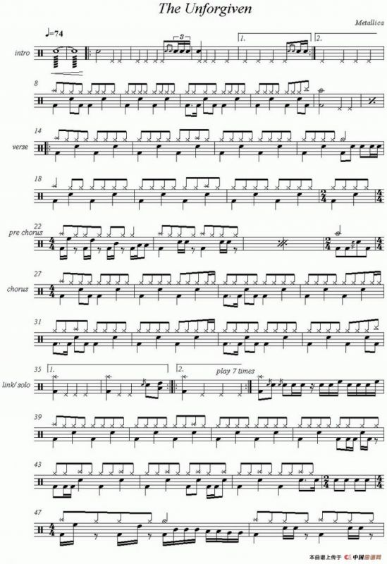 爵士鼓谱：Metallica - The Unforgiven