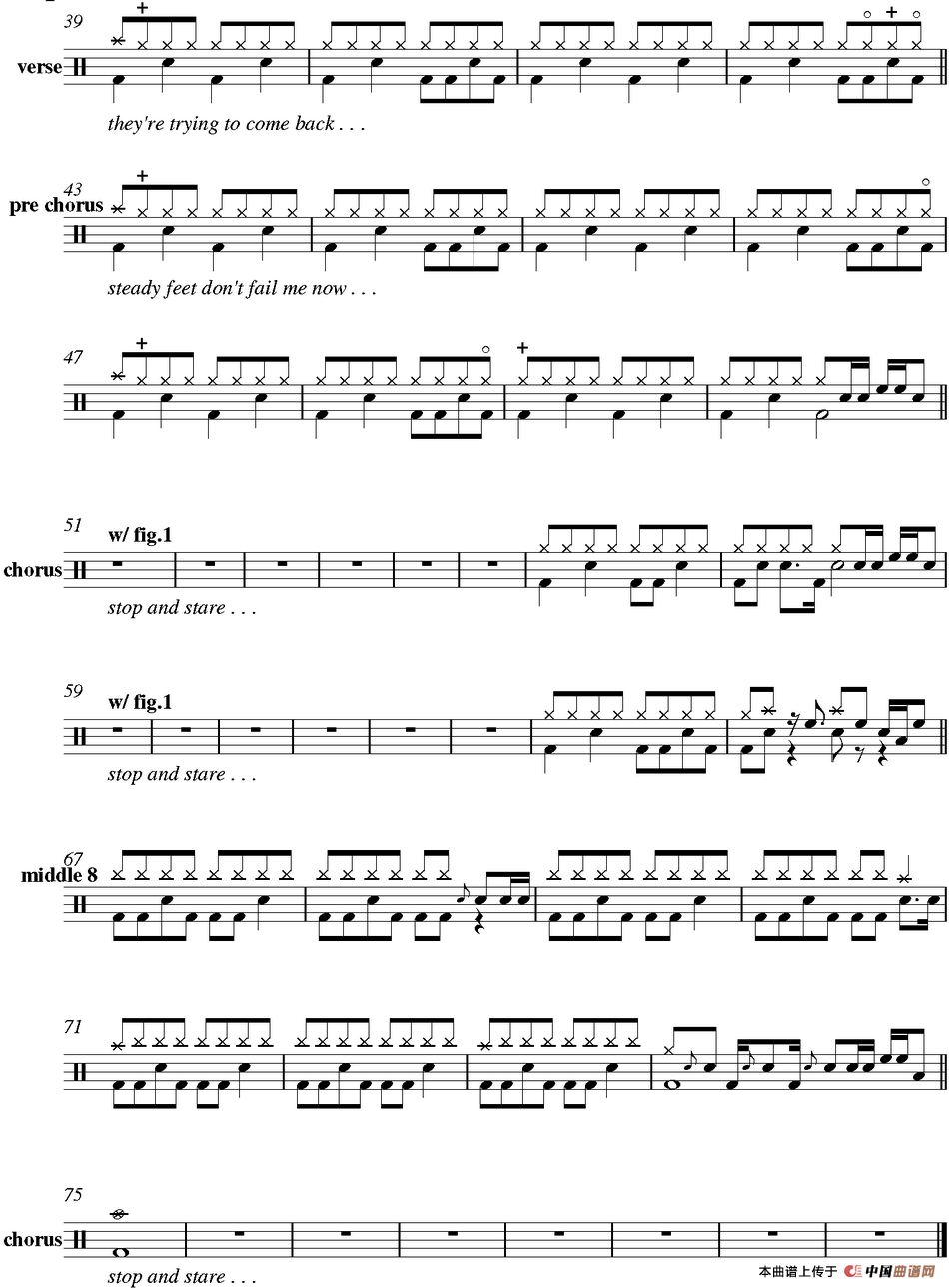 爵士鼓谱：OneRepublic - Stop and stare