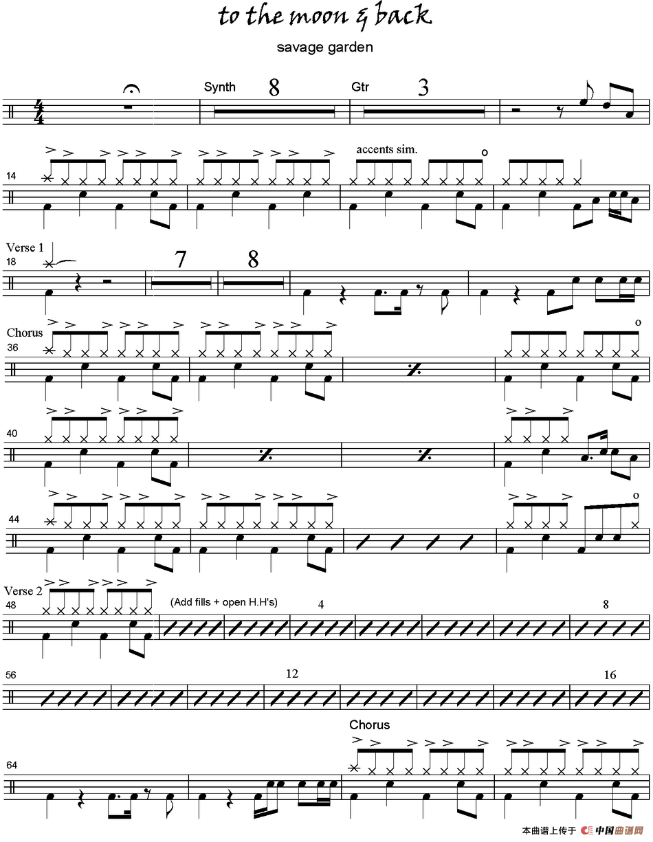 爵士鼓谱：Savage Garden - To the moon and back