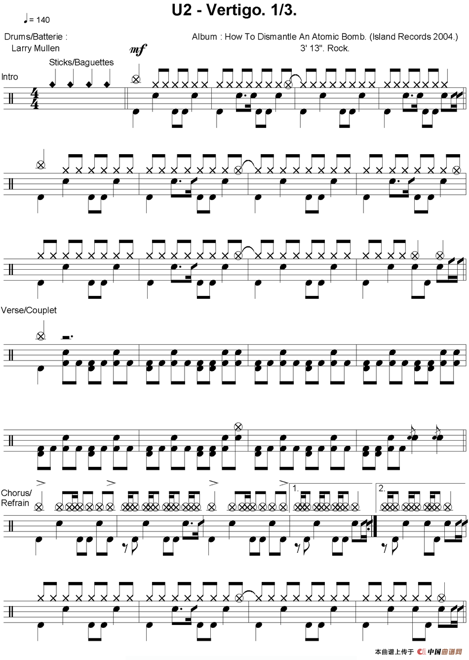 爵士鼓谱：U2 - Vertigo