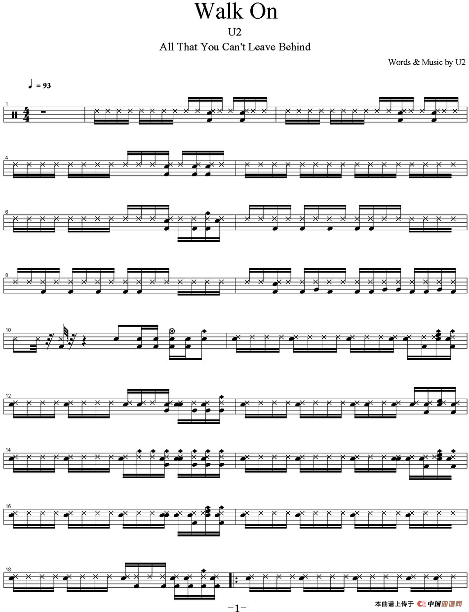爵士鼓谱：U2 - Walk on