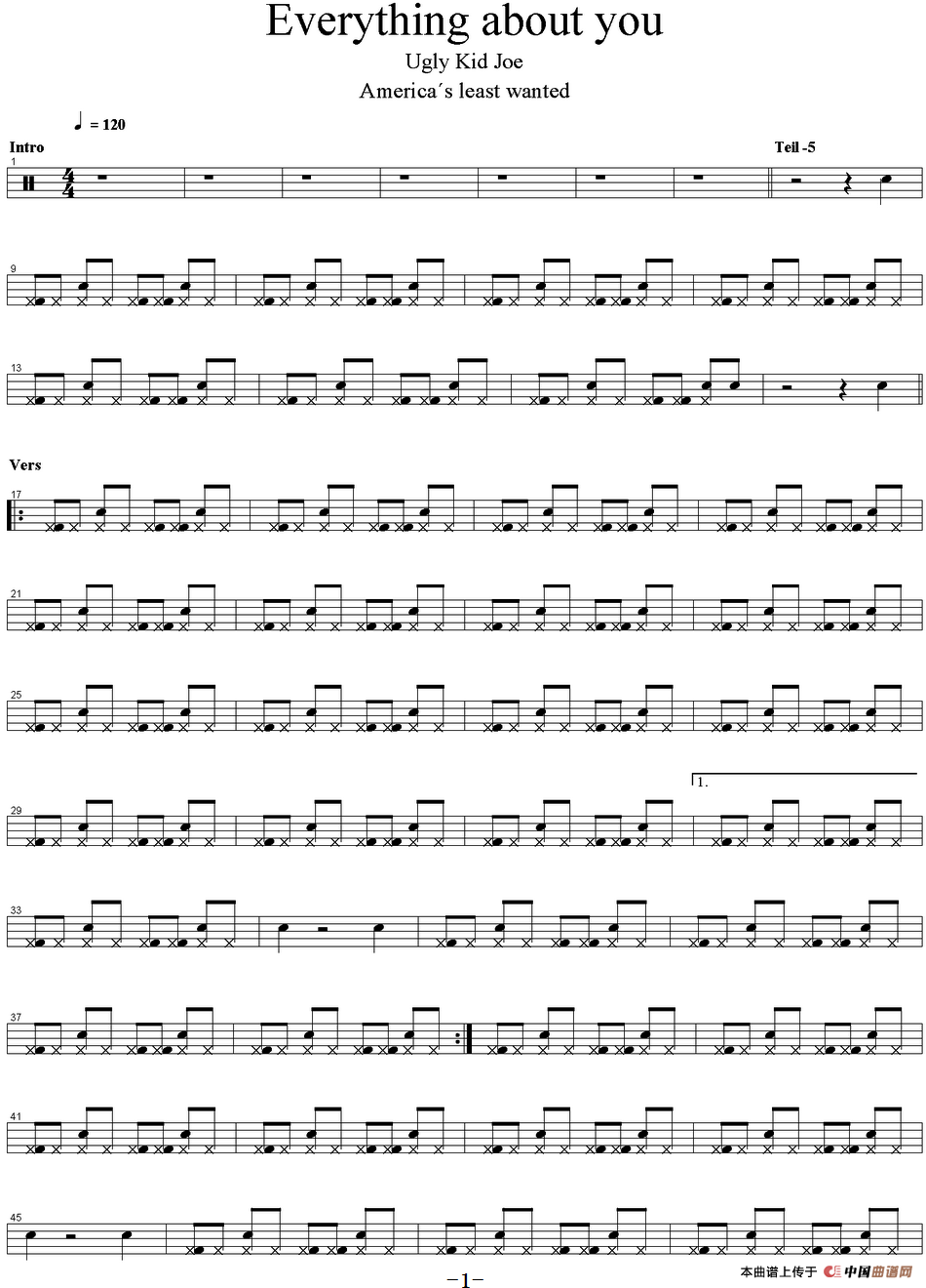 爵士鼓谱：Ugly Kid Joe - Everything about you