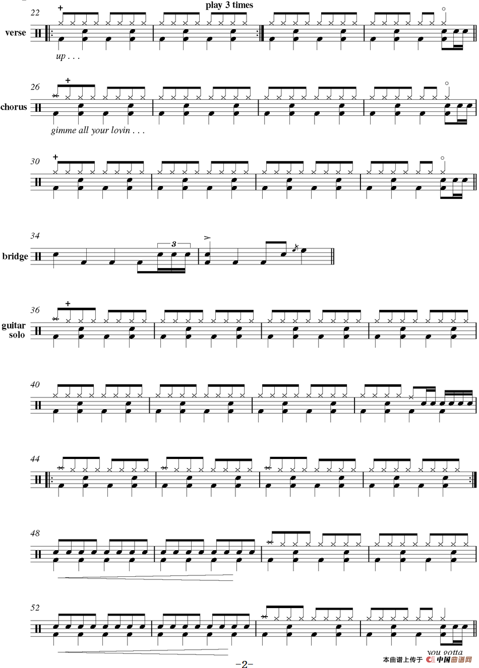 爵士鼓谱：Gimme all your lovin