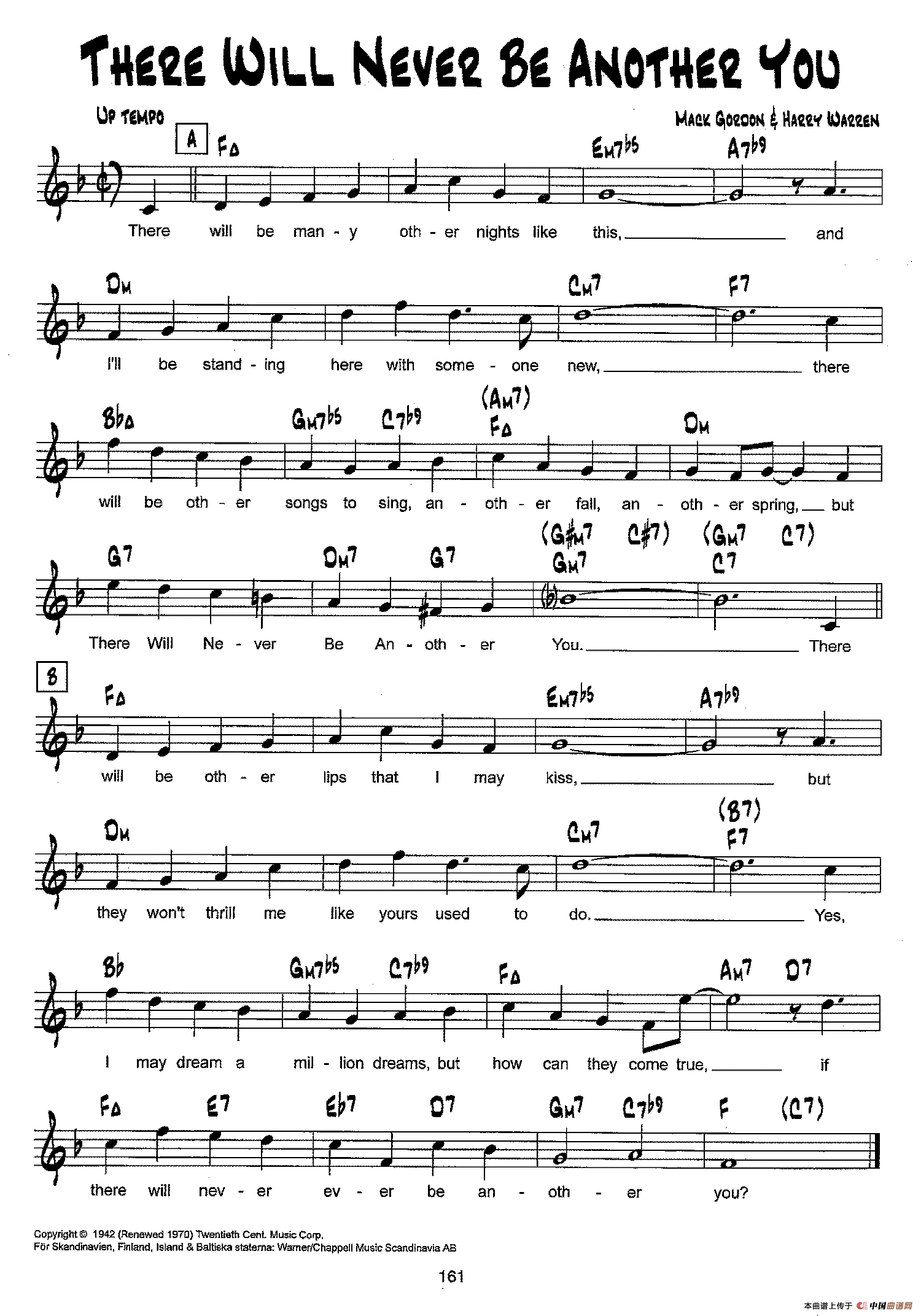 降B爵士乐谱：THERE WILL NEVER BE ANOTHER YOU