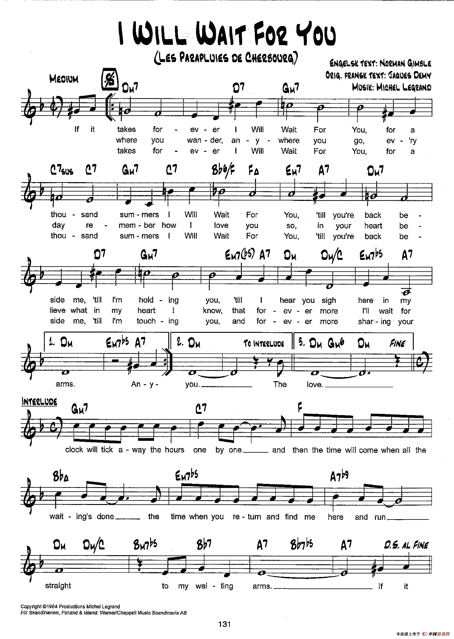 降B爵士乐谱：I WILL WAIT FOR YOU